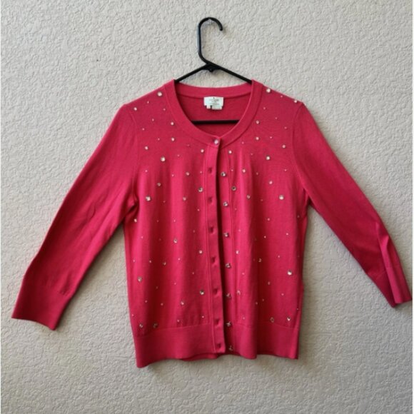 KATE SPADE New York City Live Colorfully Hot Pink Rhinestone sweater cardigan M - Picture 2 of 12